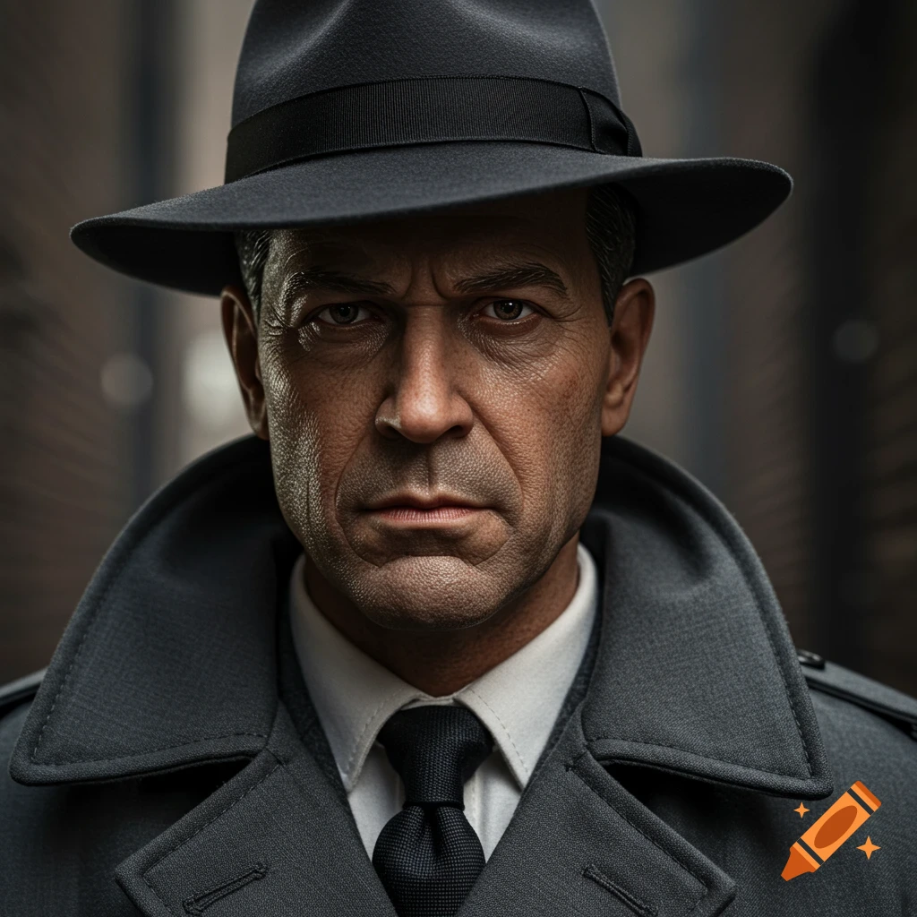 Photorealistic close-up portrait of a man in a fedora and trench coat, styled as a 1930s detective.