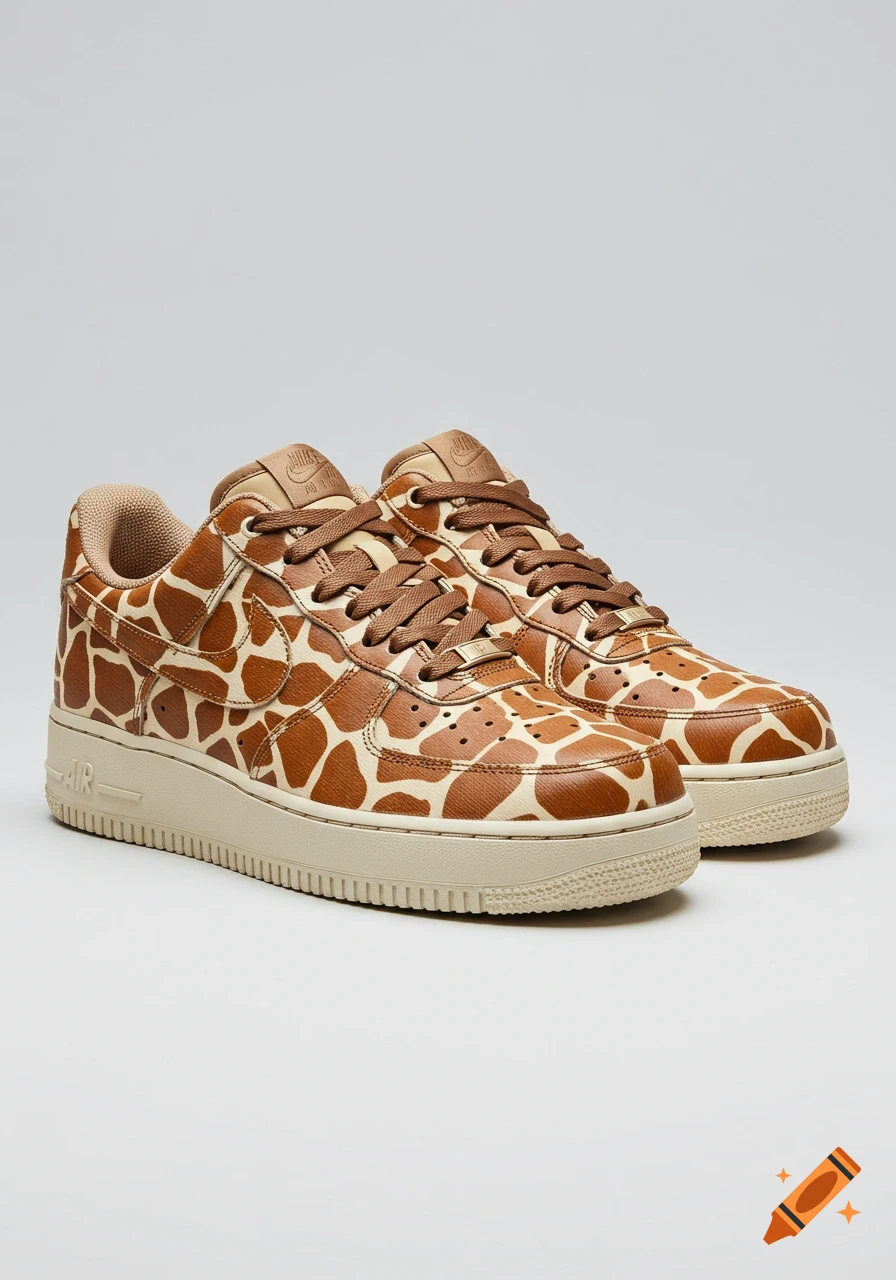 A pair of hyper-realistic sneakers with a giraffe pattern.