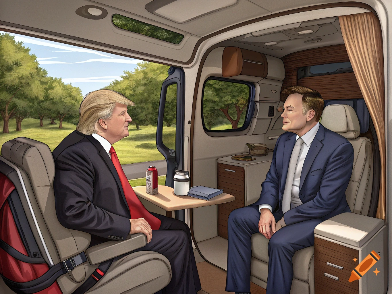 Donald Trump and Elon Musk sit talking in a camper van. Illustrated style.