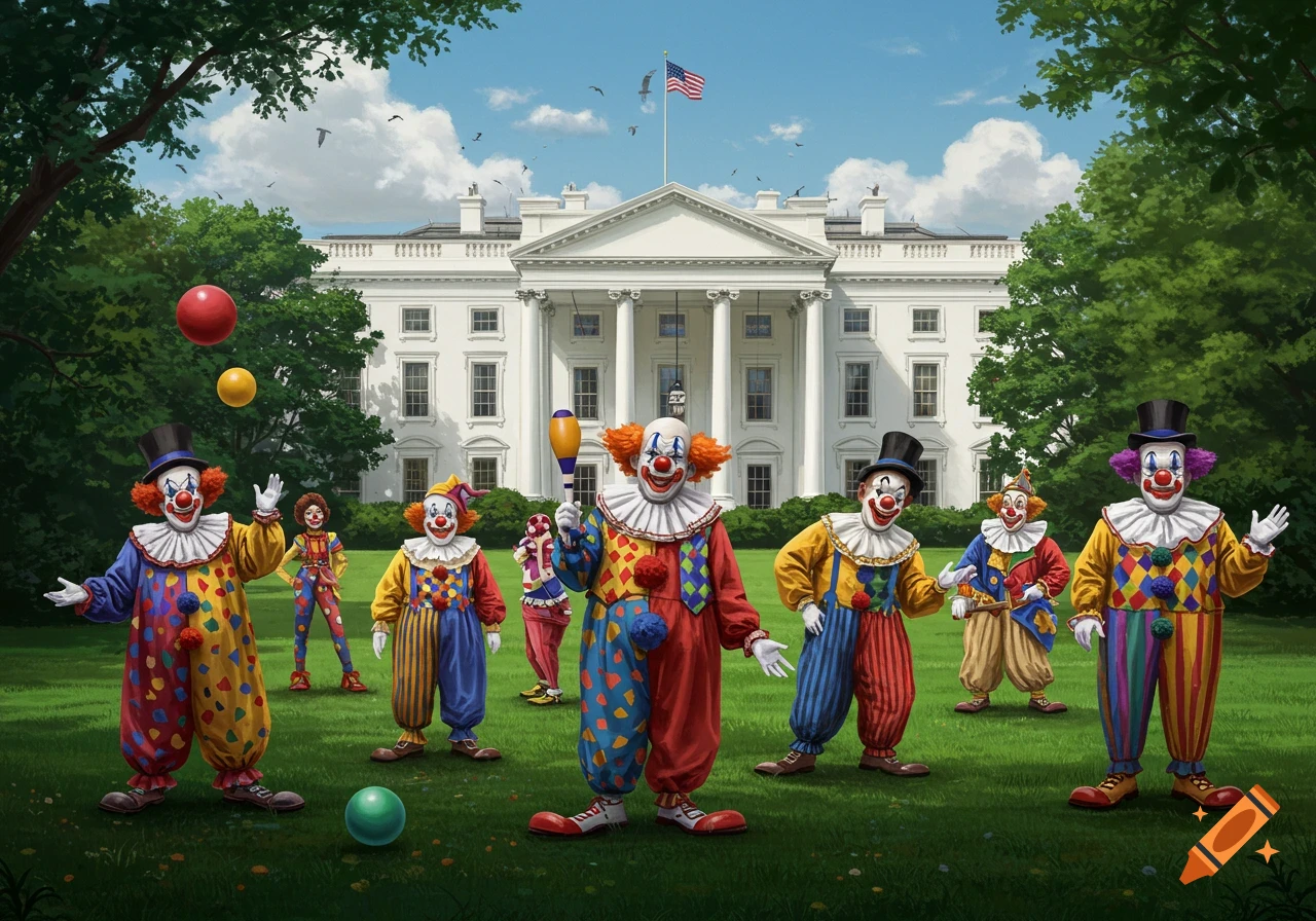 Clowns stand on the lawn in front of the White House.