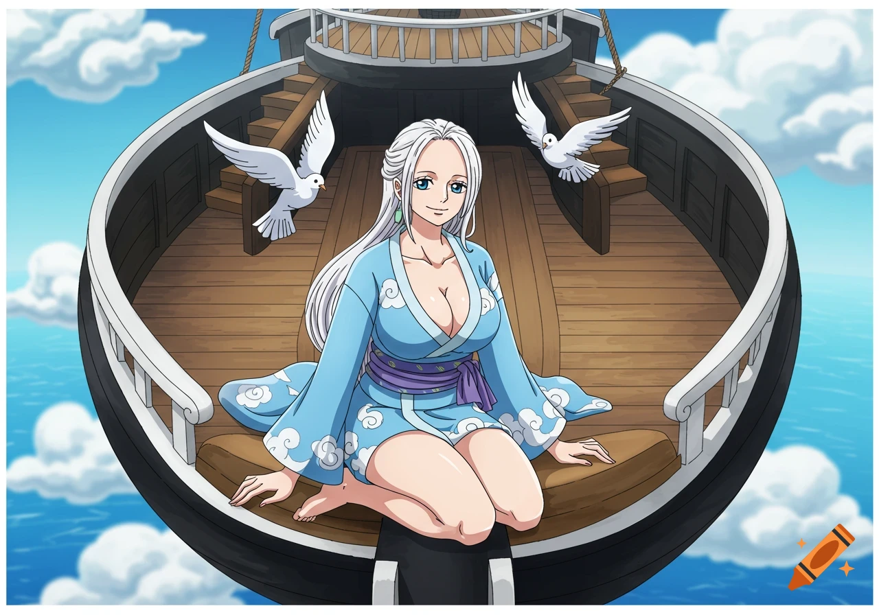 Anime woman with white hair in blue kimono sitting on a ship deck with doves