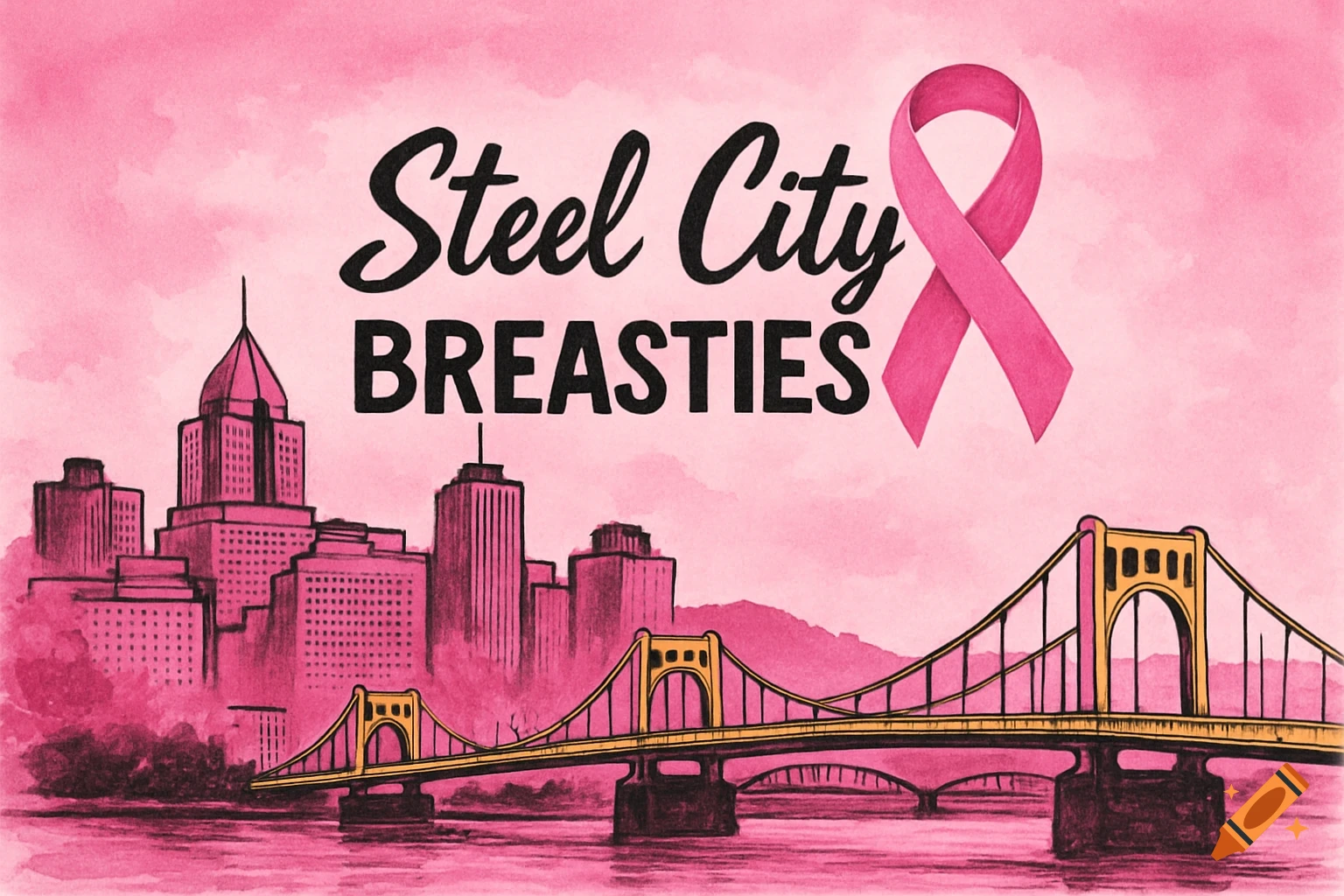 Pink and black illustration of Pittsburgh skyline, bridges, a breast cancer ribbon, and text "Steel City BREASTIES".