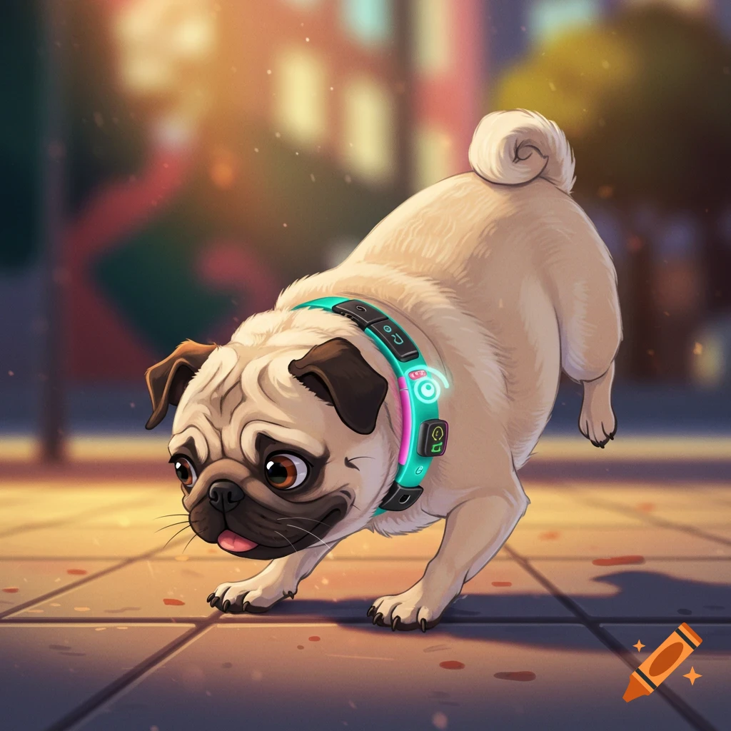Illustration of a pug wearing a glowing smart collar in a city street.
