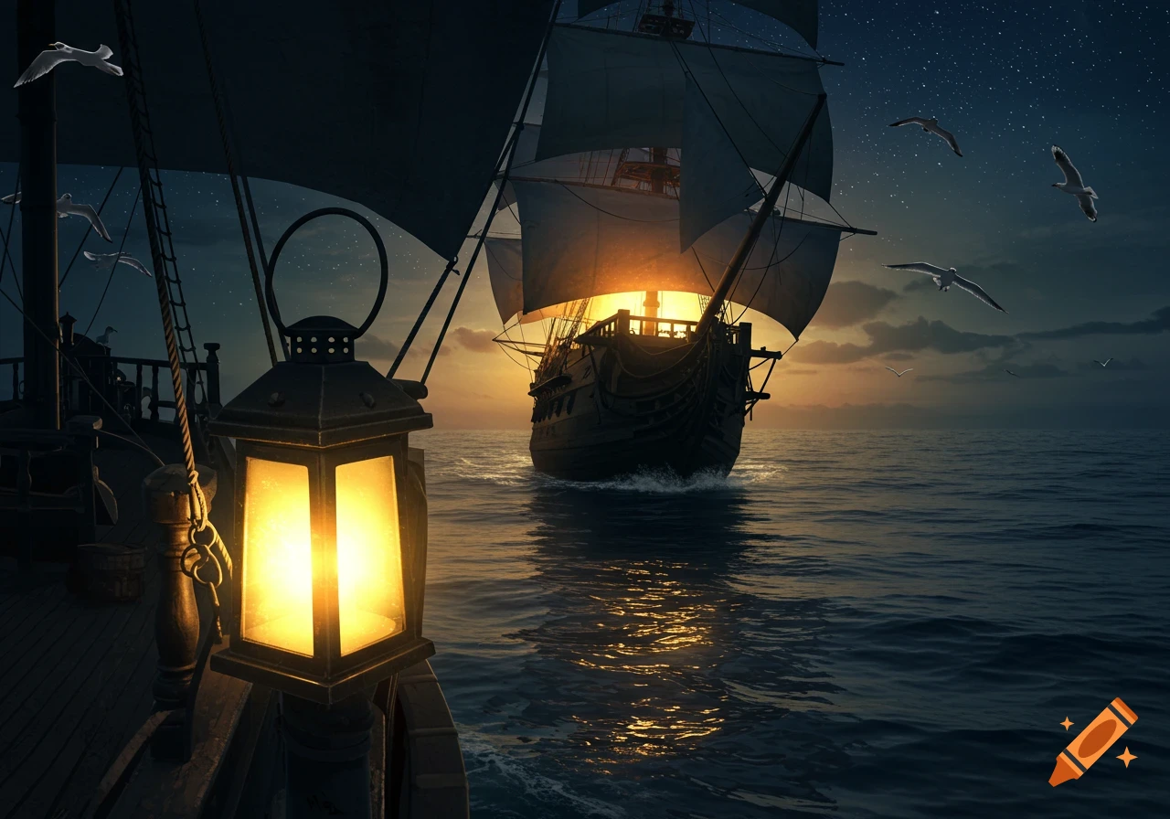 A ship's deck with a lit lantern overlooks another sailing ship on the ocean at twilight.