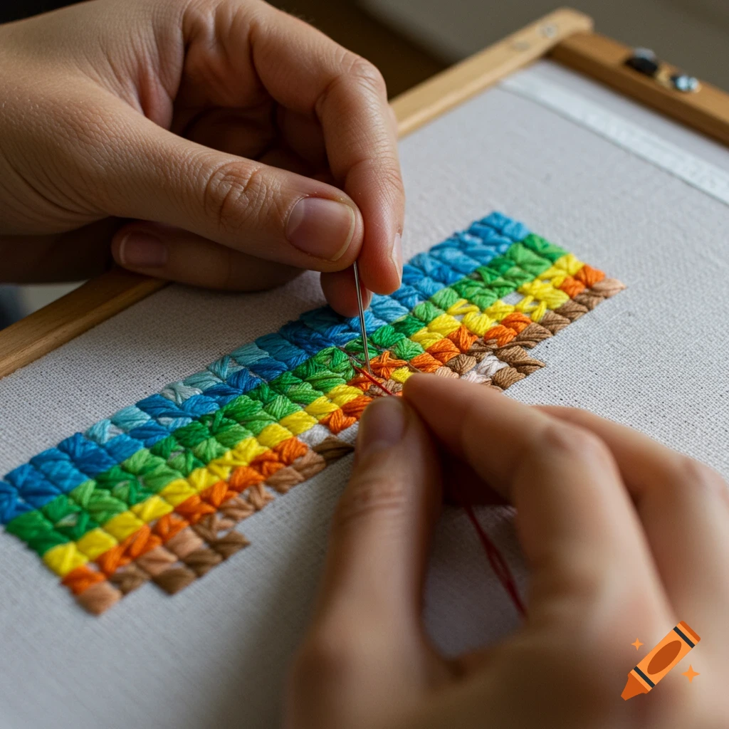 Close-up of hands doing colorful pixel art embroidery on fabric.