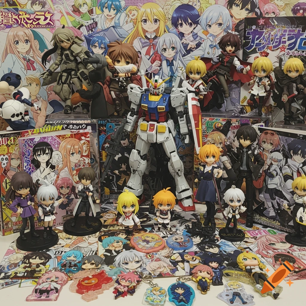 A large collection of anime figures, a Gundam model, keychains, and merchandise arranged on a surface.