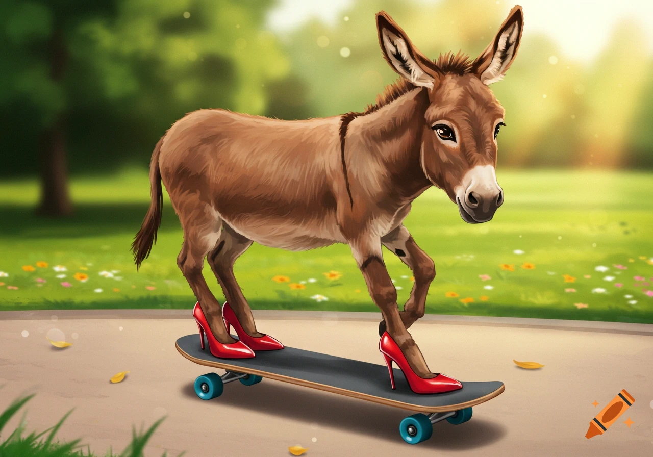 A donkey wearing red high heels rides a skateboard in a park.