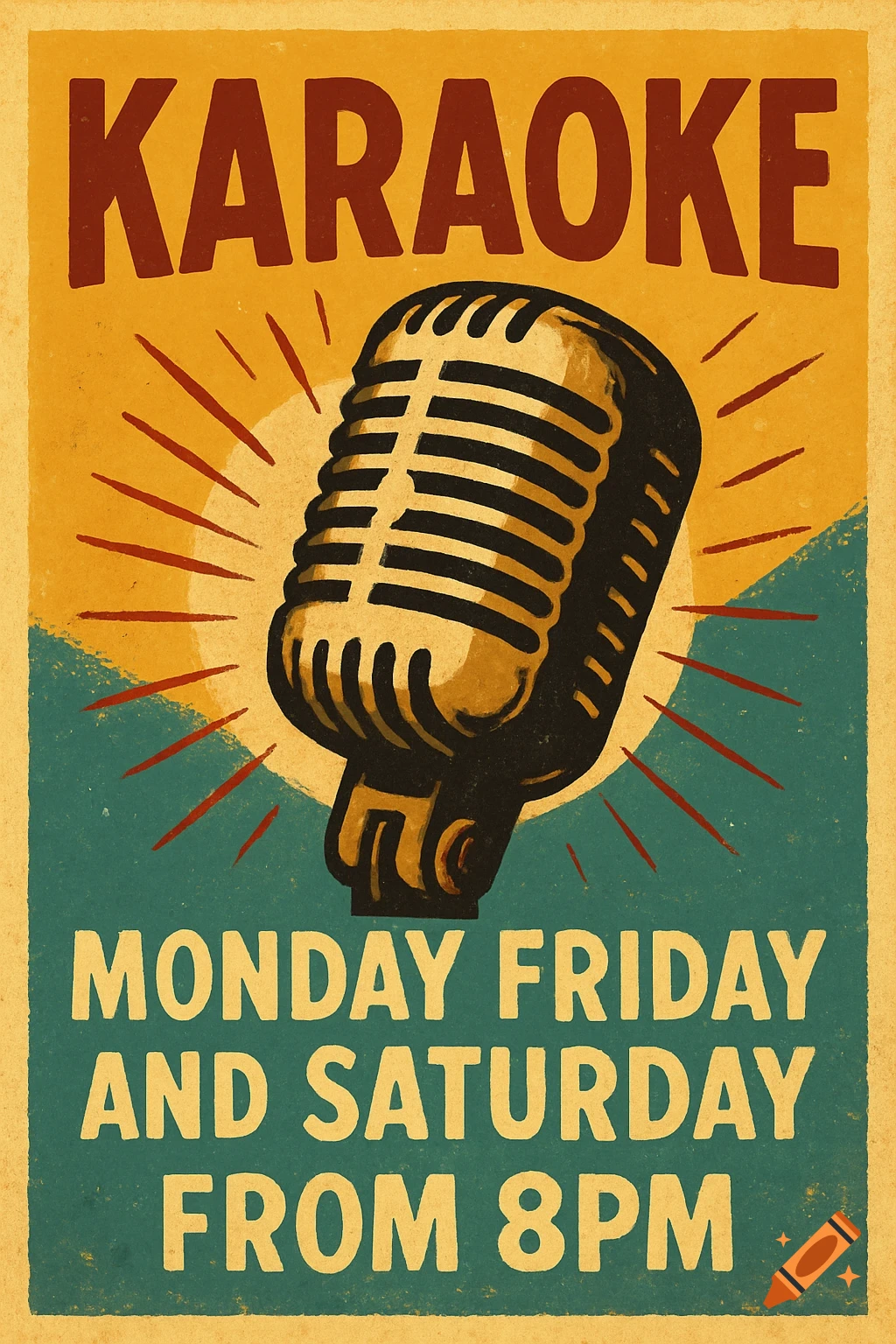 Vintage style poster advertising karaoke with a microphone and schedule text.