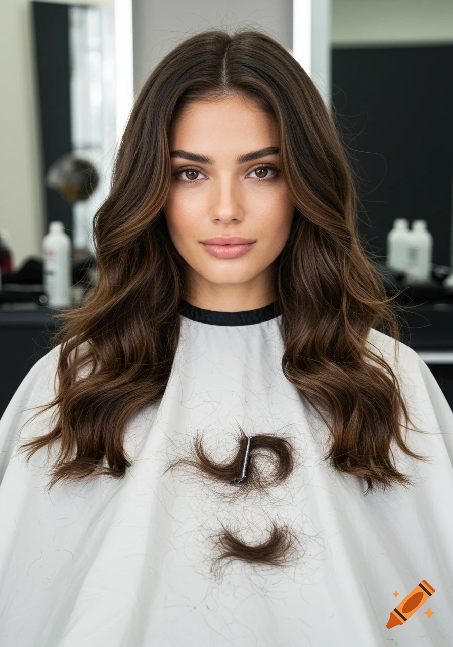 Portrait of a woman in a salon chair with hair clippings on a white cape