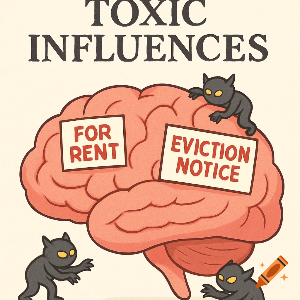 Cartoon illustration of a brain labeled 'For Rent' and 'Eviction Notice', surrounded by small black toxic figures. Title: TOXIC INFLUENCES.