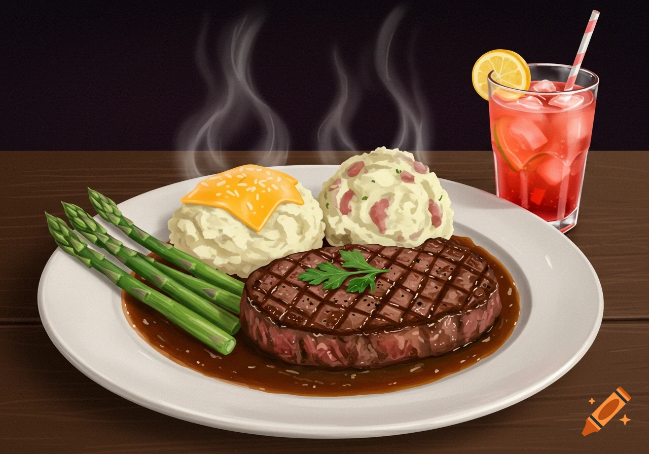 Illustration of a steak dinner with asparagus, mashed potatoes, and a drink.