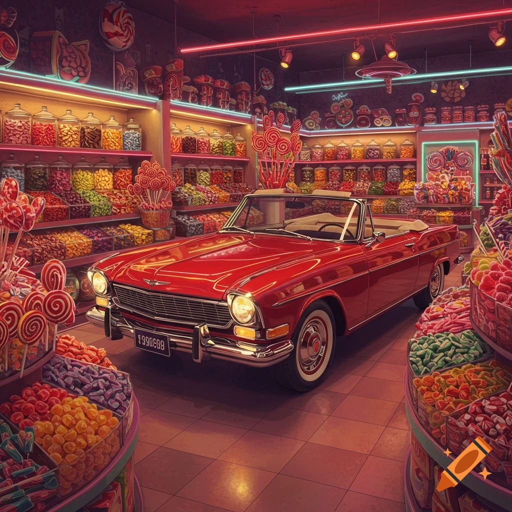 A red convertible car parked inside a colorful candy store filled with jars of candy.