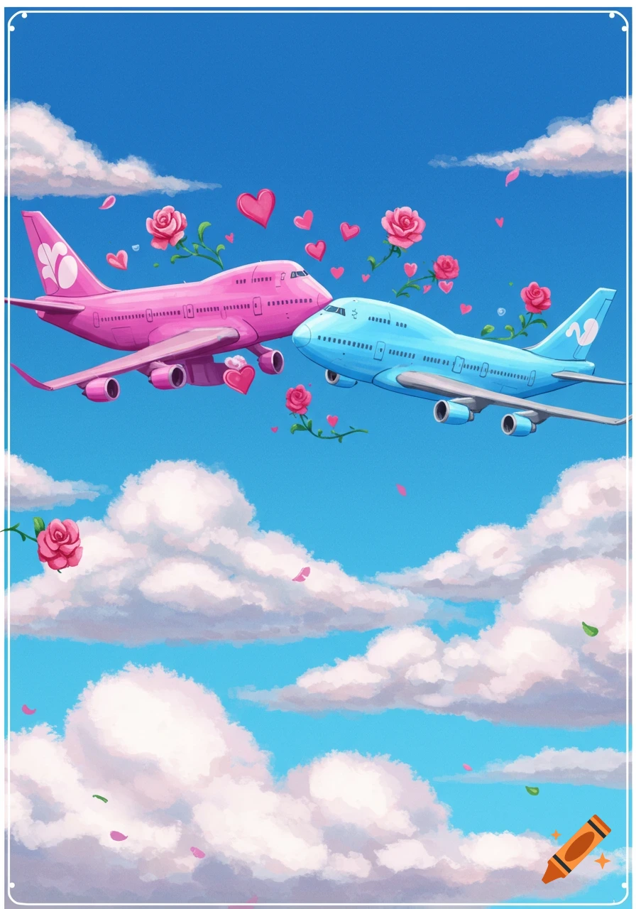 Two pink and blue airplanes fly with hearts and roses in a blue sky, illustration.