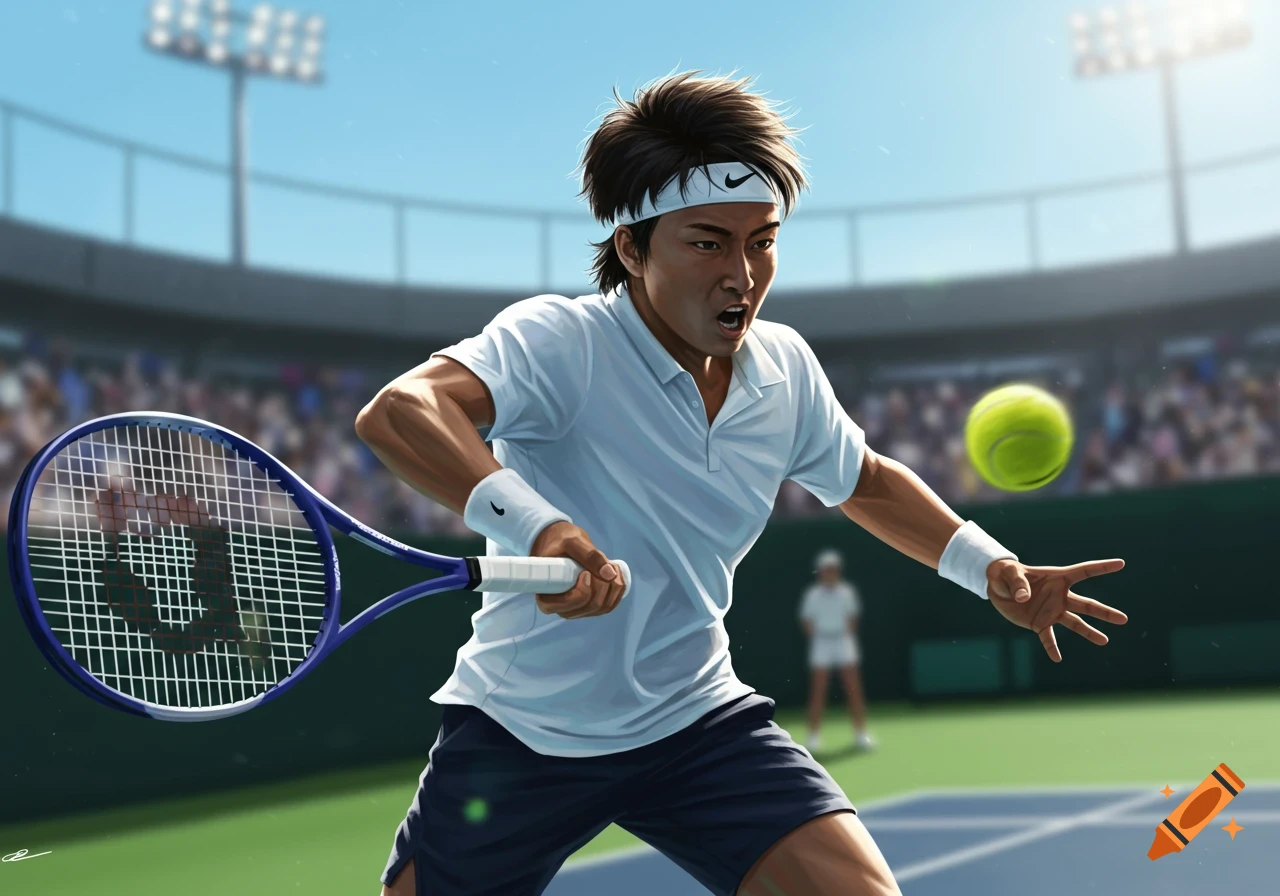 Illustration of a tennis player hitting a forehand shot during a match.