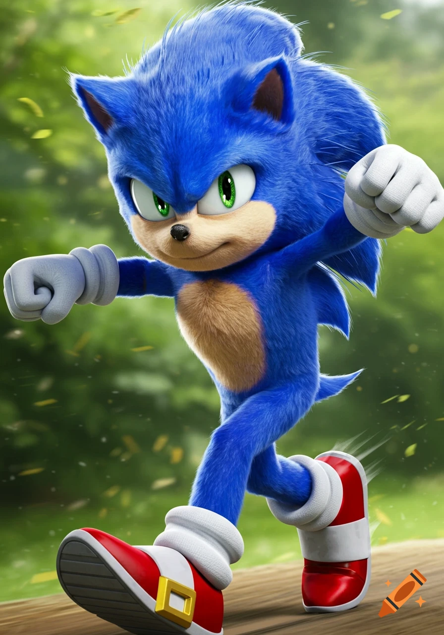 CGI movie Sonic the Hedgehog running through a forest path