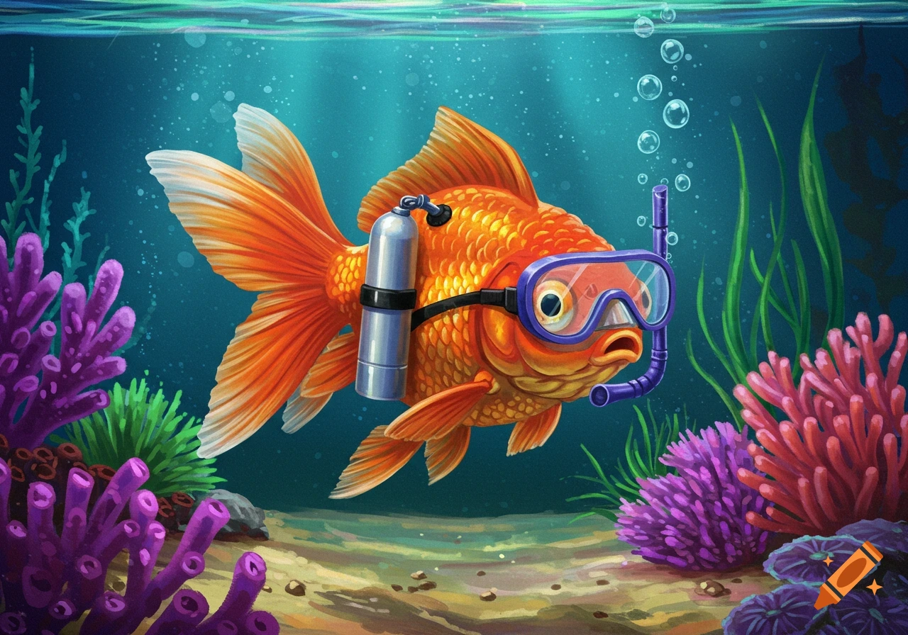 A cartoon goldfish wears a scuba mask and tank underwater amongst colorful coral.