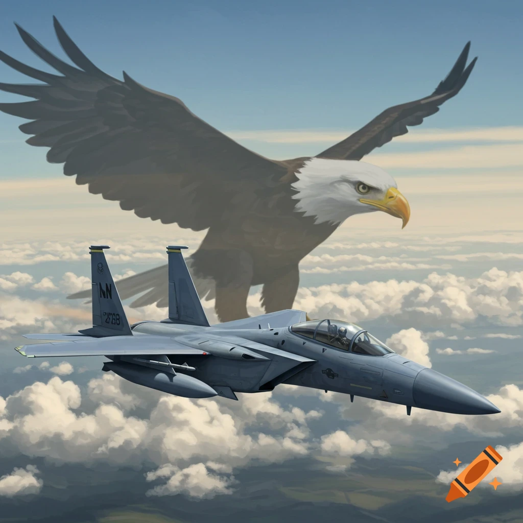 An F-15 Strike Eagle jet flies through clouds with a large, translucent bald eagle behind it.