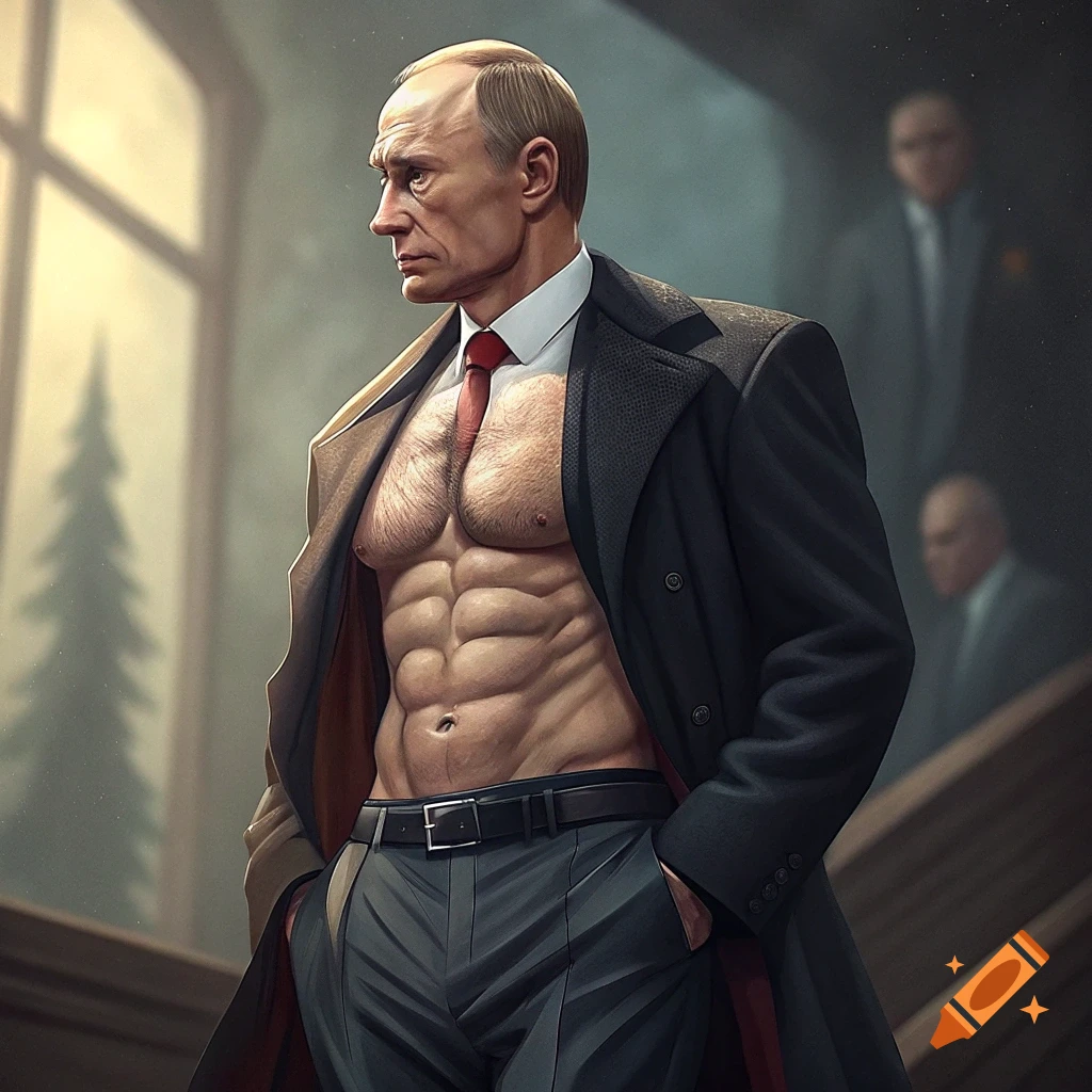 Vladimir Putin with six-pack abs wearing a coat and dress pants.