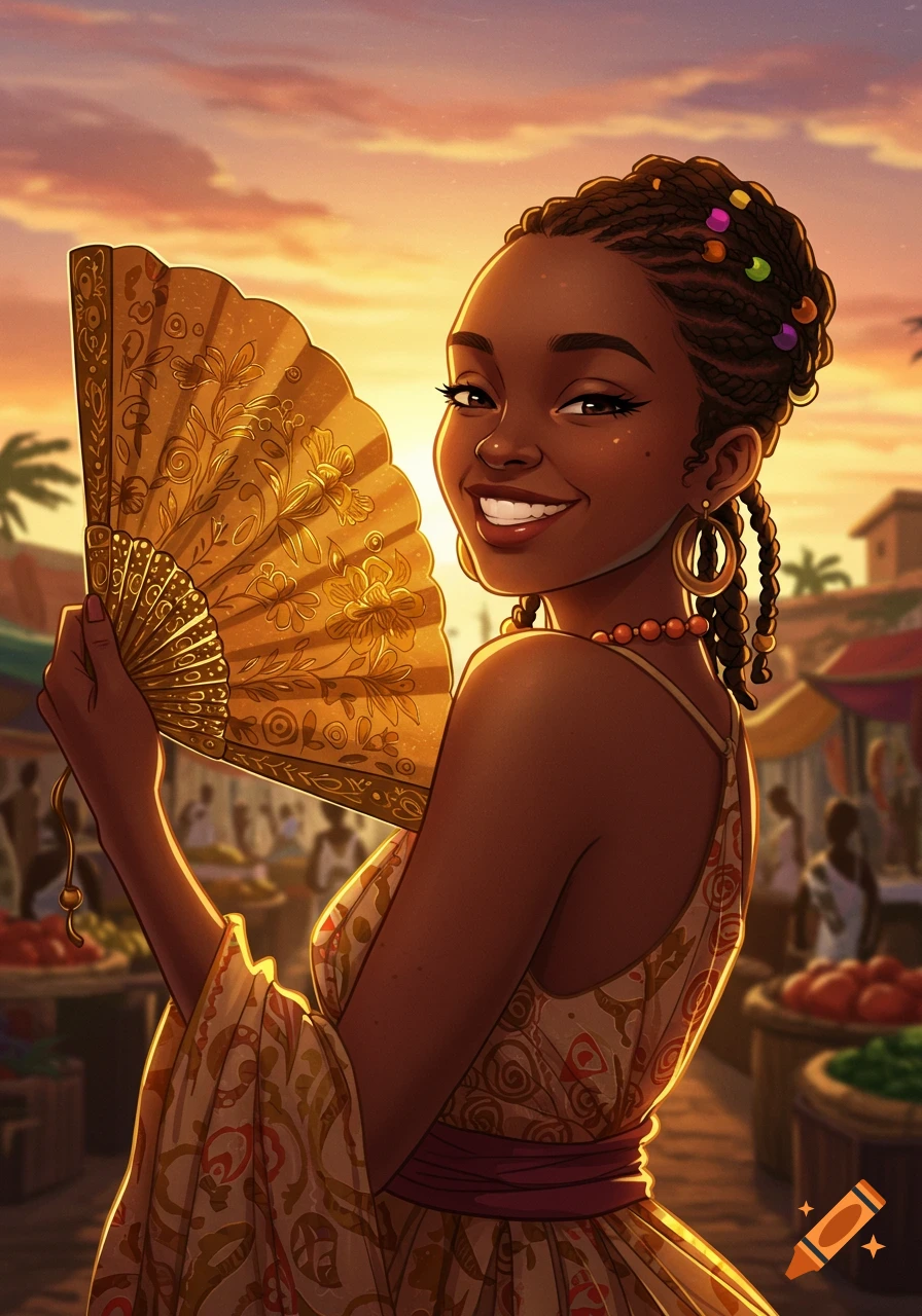 Stylized illustration of an African woman holding a gold fan in a market at sunset.