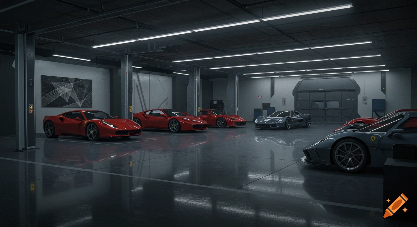Red and grey sports cars parked in a luxury underground garage.