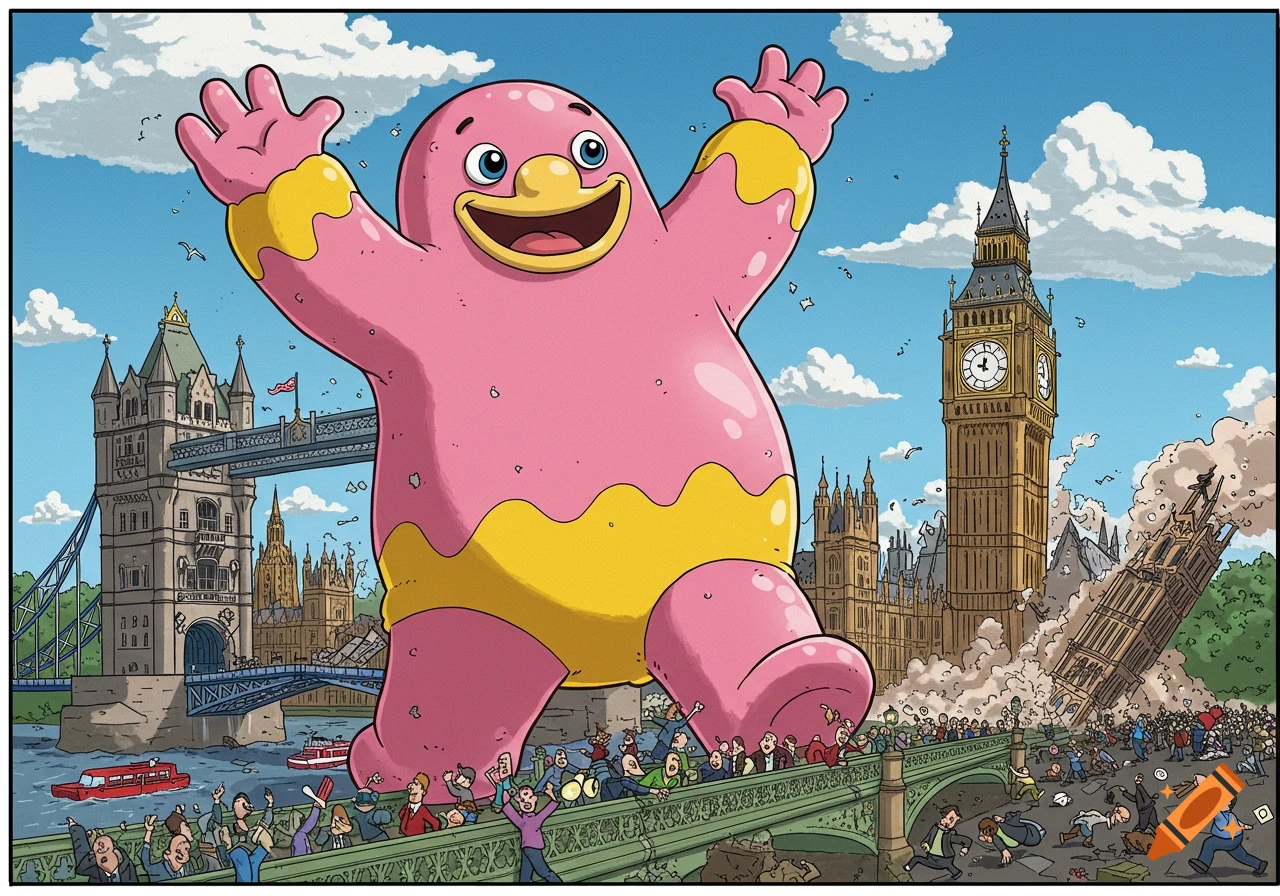 Giant cartoon pink and yellow monster destroys London landmarks in comic style.