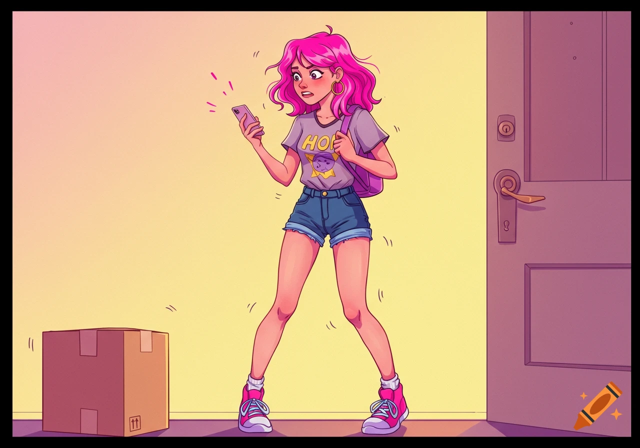 A cartoon girl with pink hair looks surprised while holding a phone next to a delivery box.