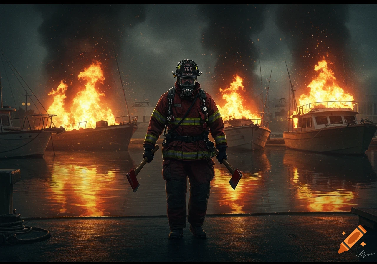 A firefighter with two axes stands on a dock before burning boats at night.