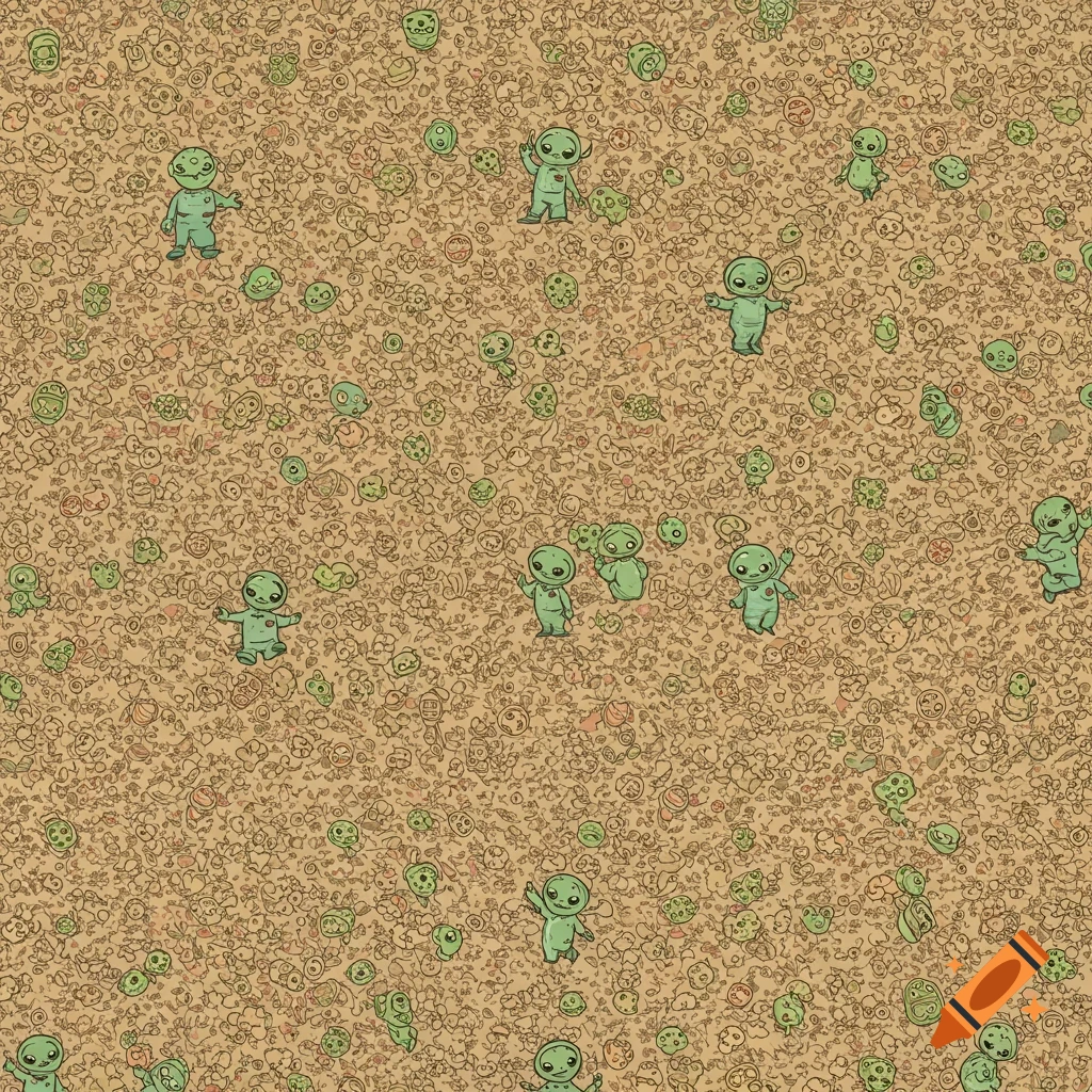 Seamless pattern of small green alien figures and abstract shapes in a vintage style.