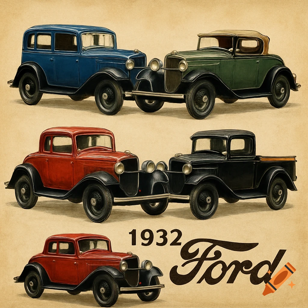 Arrangement of 1932 Ford car illustrations: blue sedan, green convertible, red coupe, black pickup, with "1932 Ford" text.