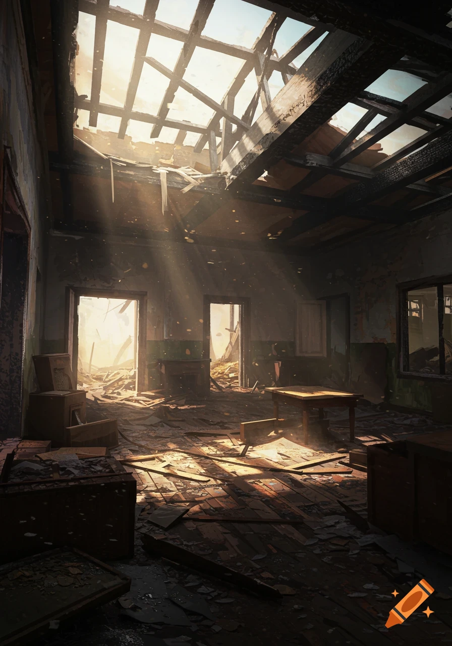 Interior of a burnt-down building with sunlight streaming through the collapsed roof.
