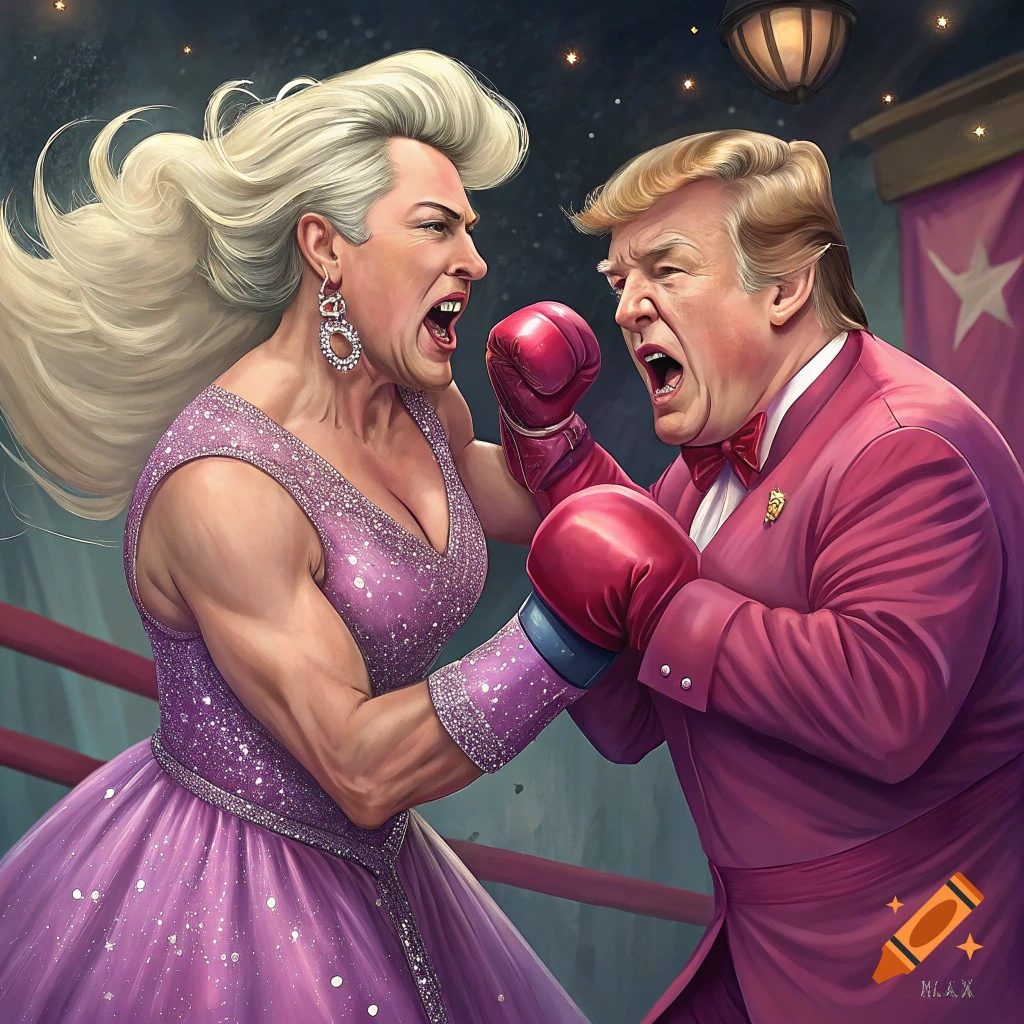A person with a muscular arm in a sparkly purple dress and large blonde hair boxing a man in a pink suit and red bow tie.