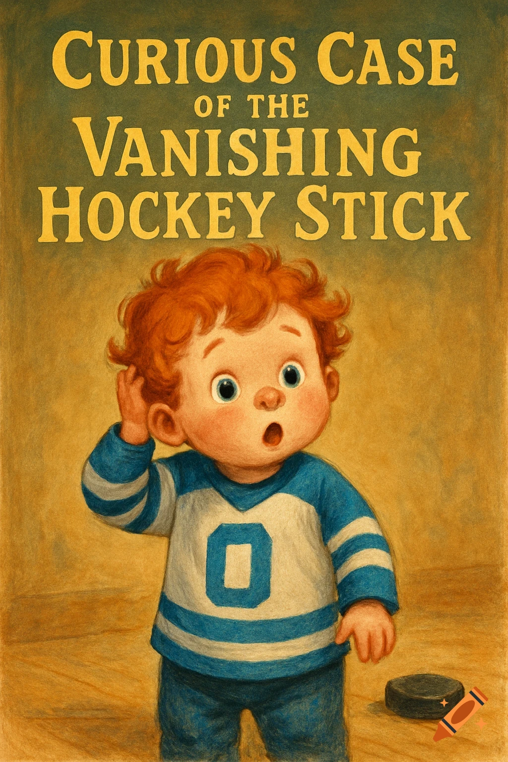 A red-haired toddler in a hockey jersey looks confused on a book cover titled "Curious Case of the Vanishing Hockey Stick".