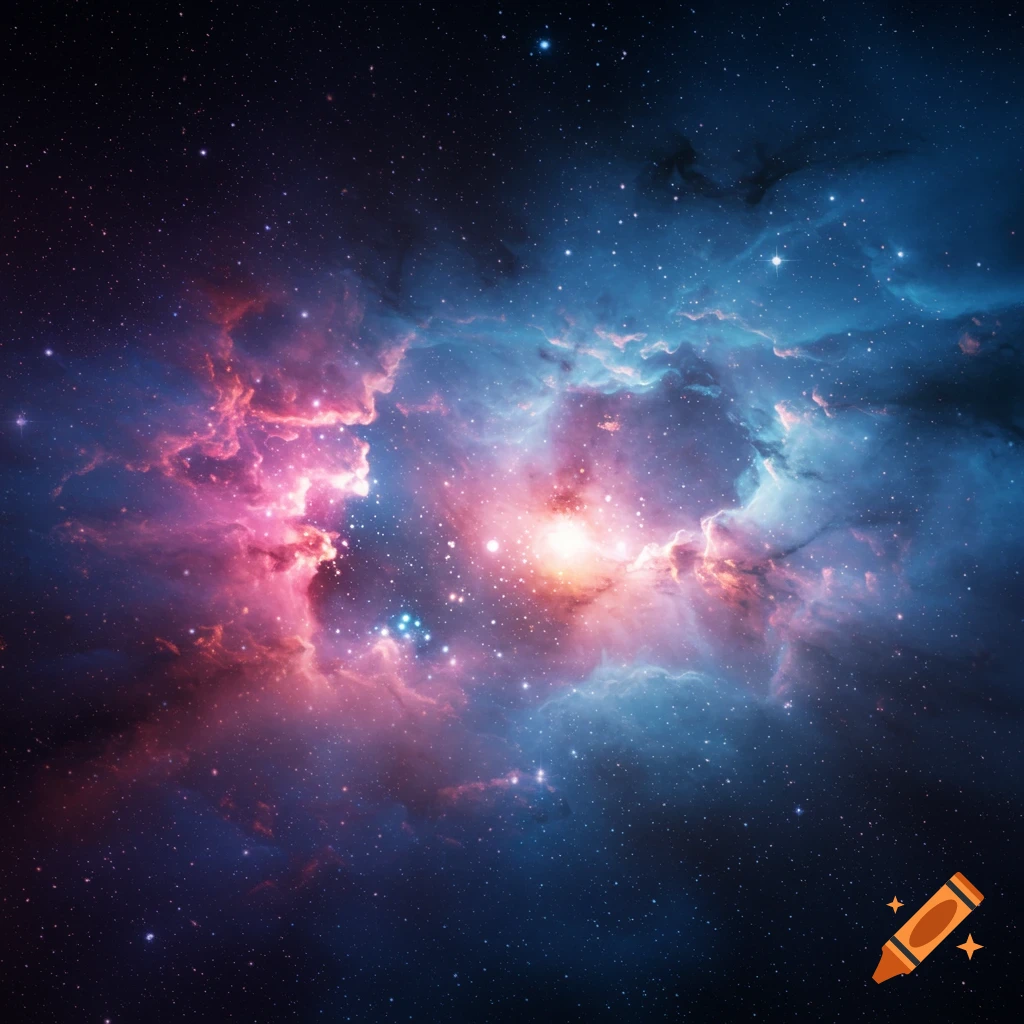 Vibrant nebula in space with bright pink and blue gas and stars