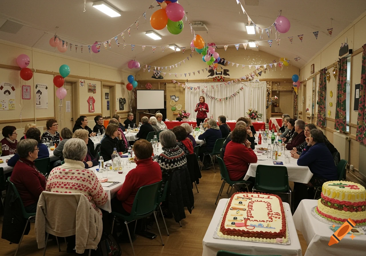 People sit at tables in a decorated community hall with cakes in the foreground, for a Jubilee celebration.