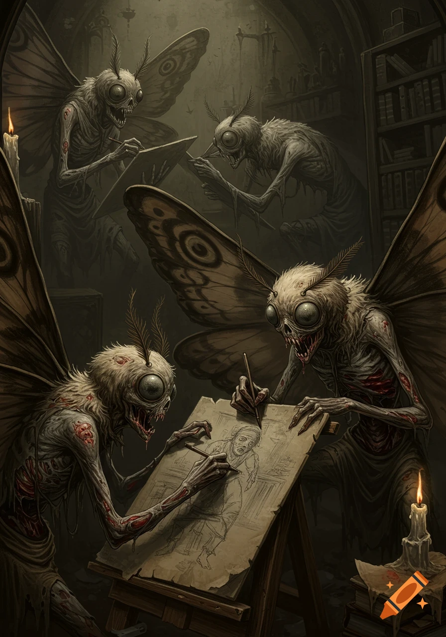 Several zombie moth creatures with bug eyes draw sketches in a dark, candlelit room filled with bookshelves.