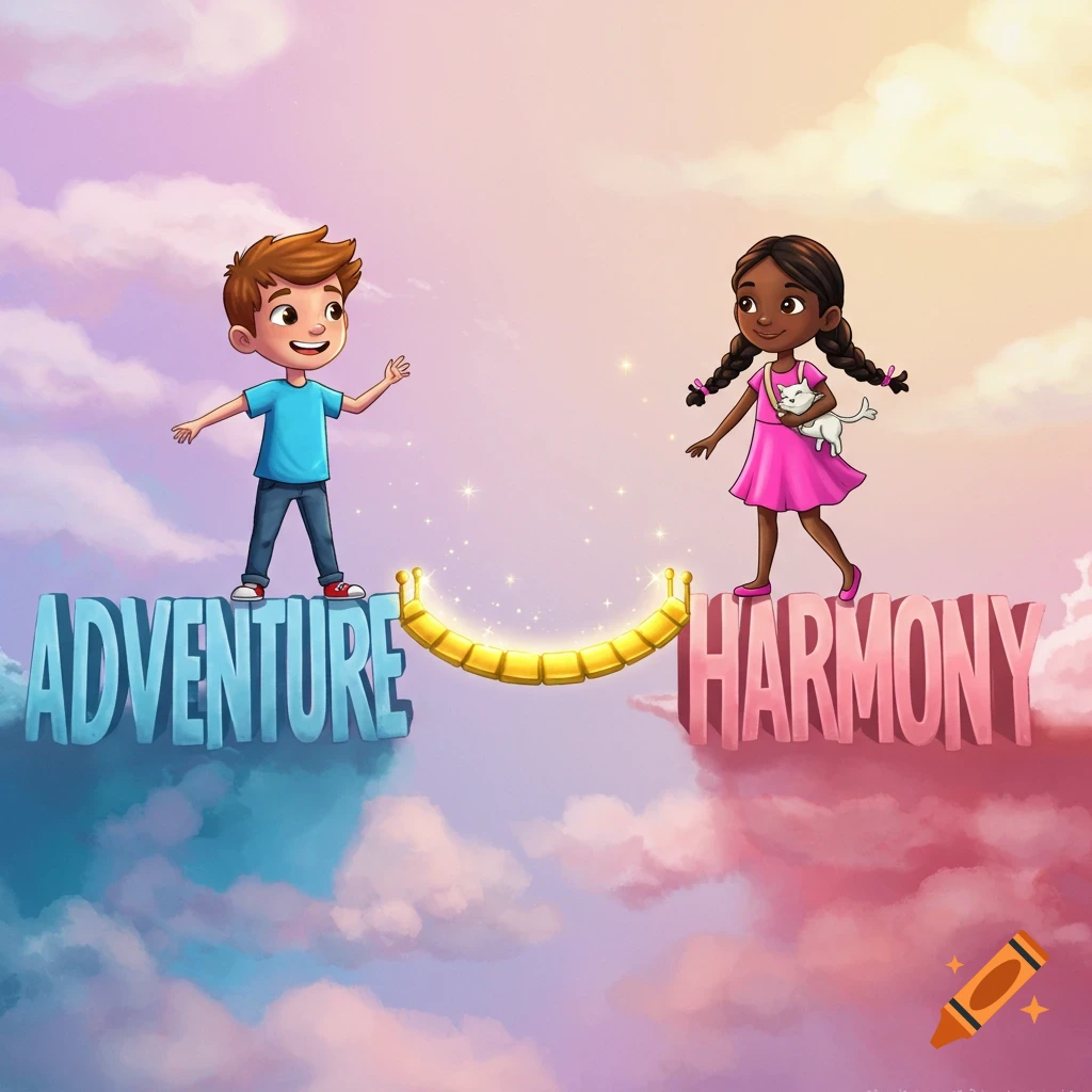 A cartoon boy and girl stand on text blocks 'ADVENTURE' and 'HARMONY' floating on clouds, connected by a bridge.
