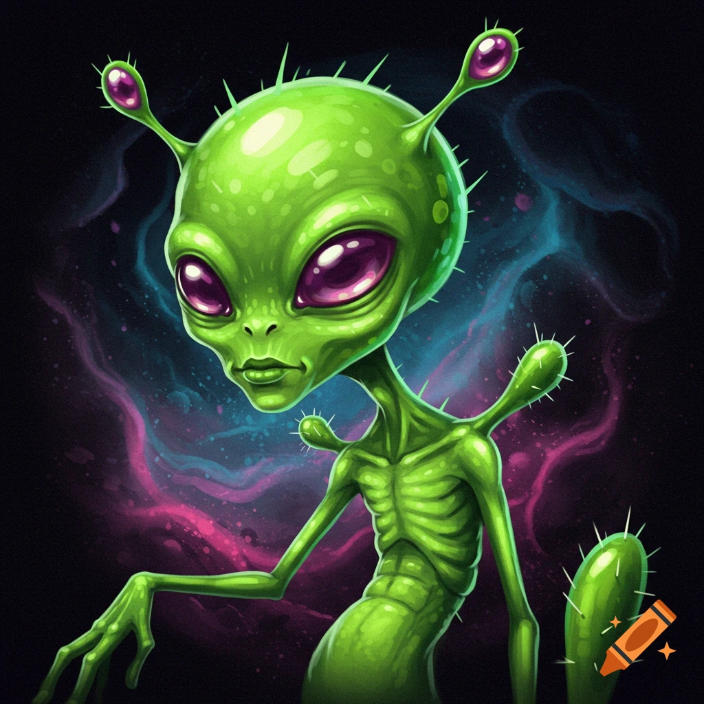 A cartoonish green alien with large purple eyes against a swirling pink and blue nebula background.