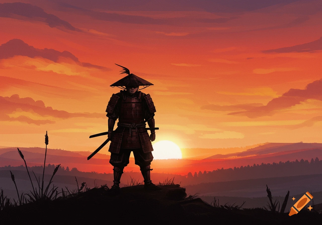 A lone samurai stands on a hill silhouetted against a vibrant orange and red sunrise. Stylized illustration.