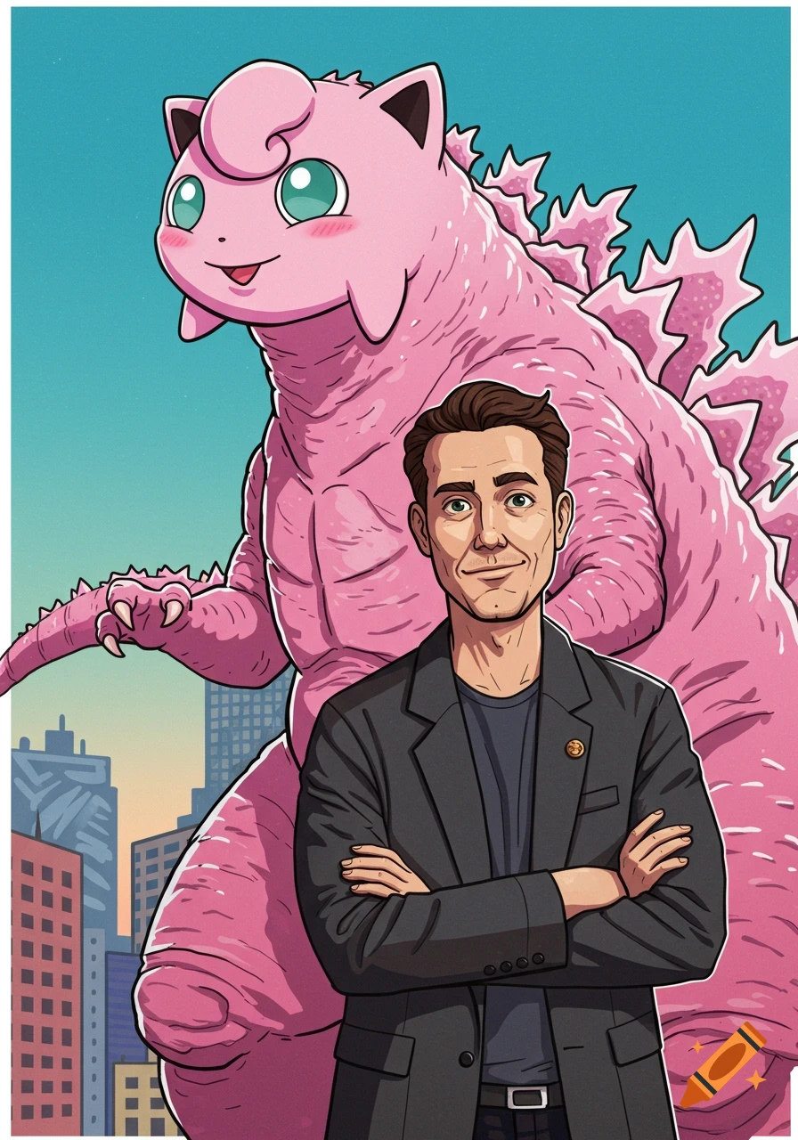 A man in a suit stands with arms crossed in front of a giant pink monster resembling a hybrid of Godzilla and Jigglypuff, in a cartoon style.