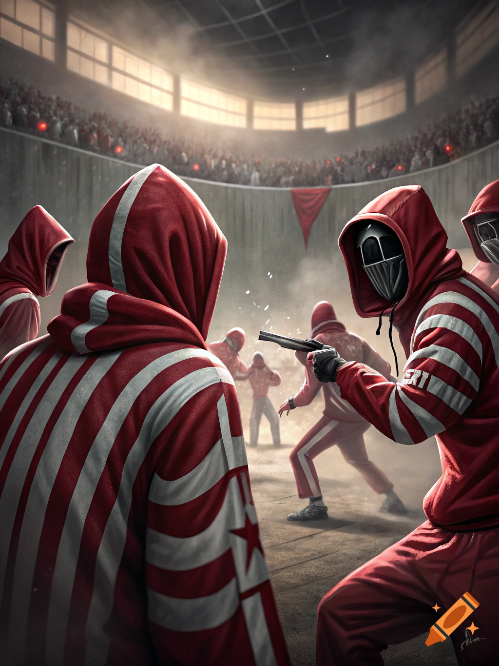 Figures in red tracksuits and masks face off with a gun in a stadium, dramatic lighting.