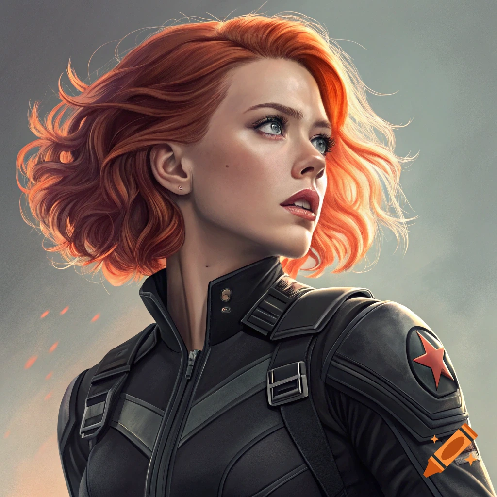 A realistic portrait of a woman with red hair, resembling Black Widow, wearing a black suit with a red star emblem.