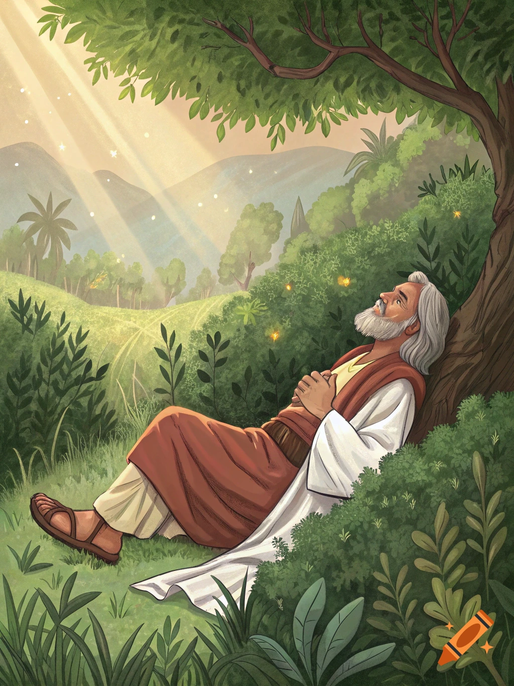 Illustration of an old man resting under a tree in a sunlit grassy landscape.