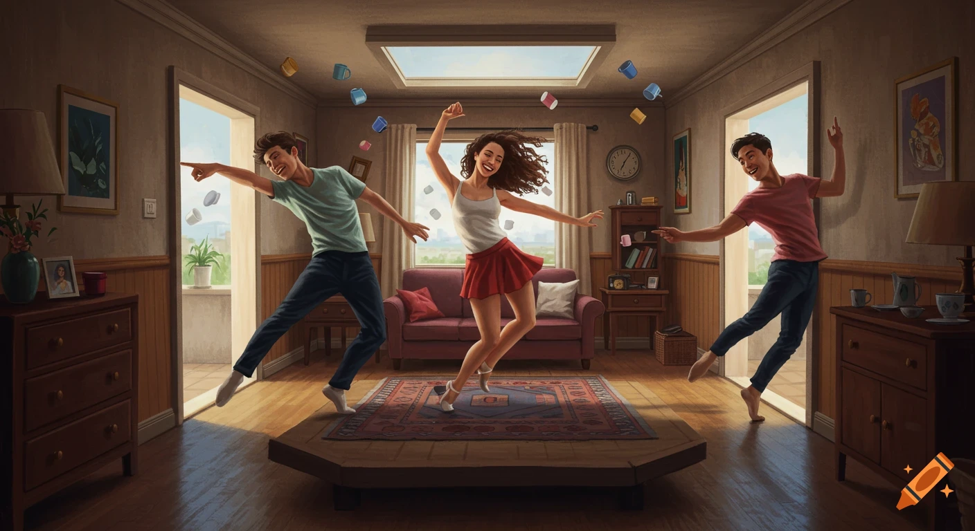 Three happy people dance in a sunlit room with flying mugs.