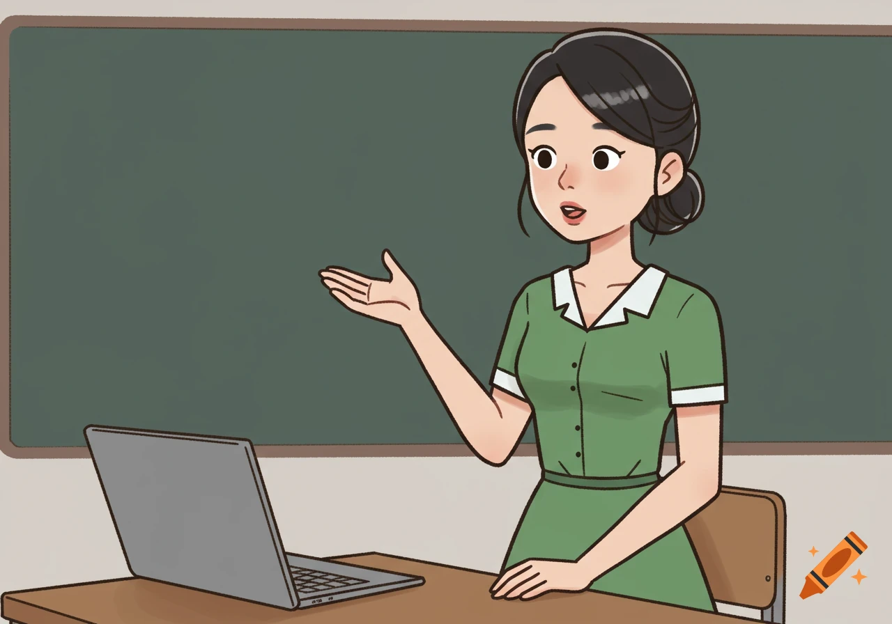 Cartoon of a teacher standing by a desk with a laptop and blackboard, talking with one hand raised.