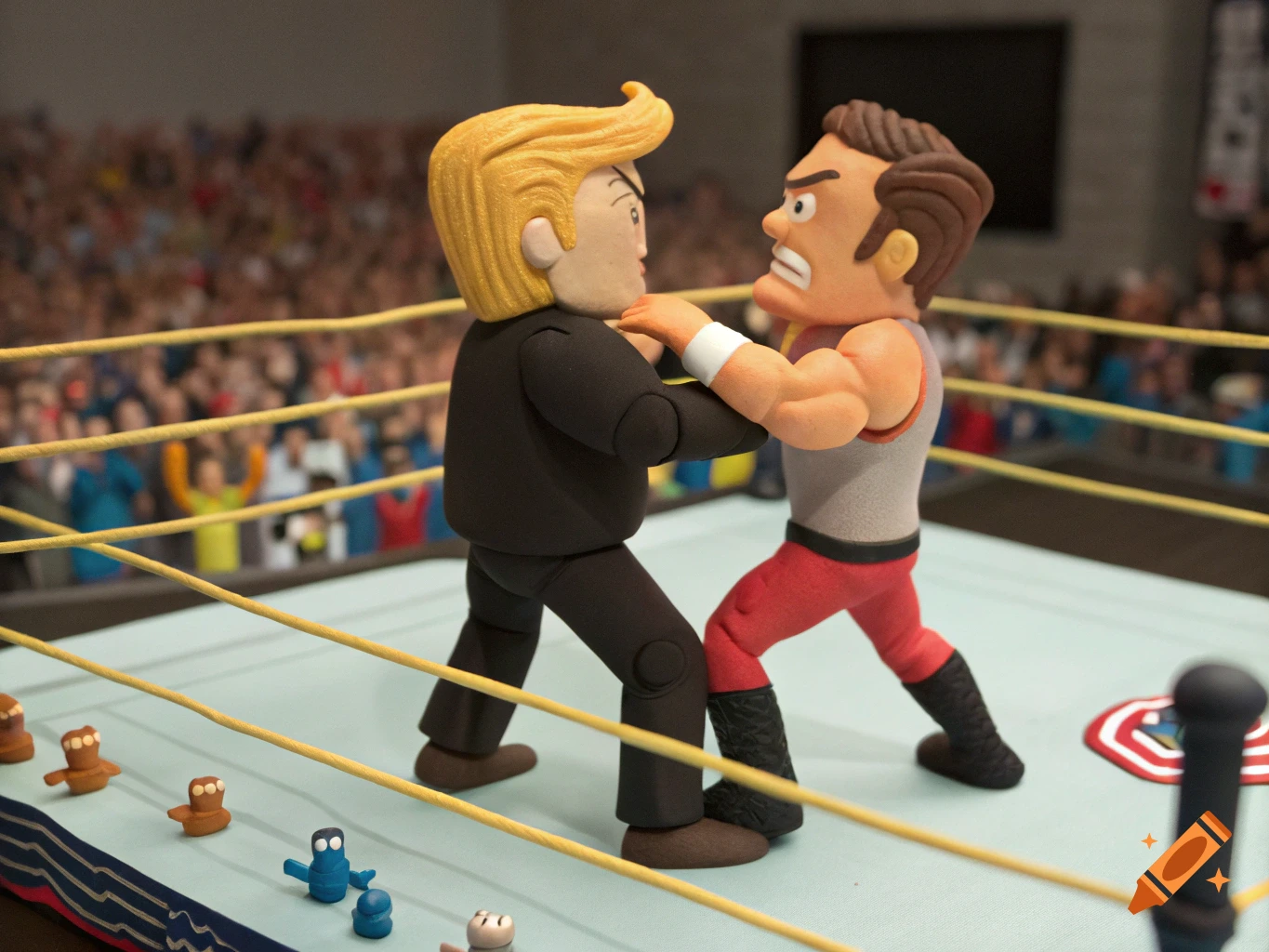 Claymation figures of Donald Trump and Elon Musk wrestling in a ring.