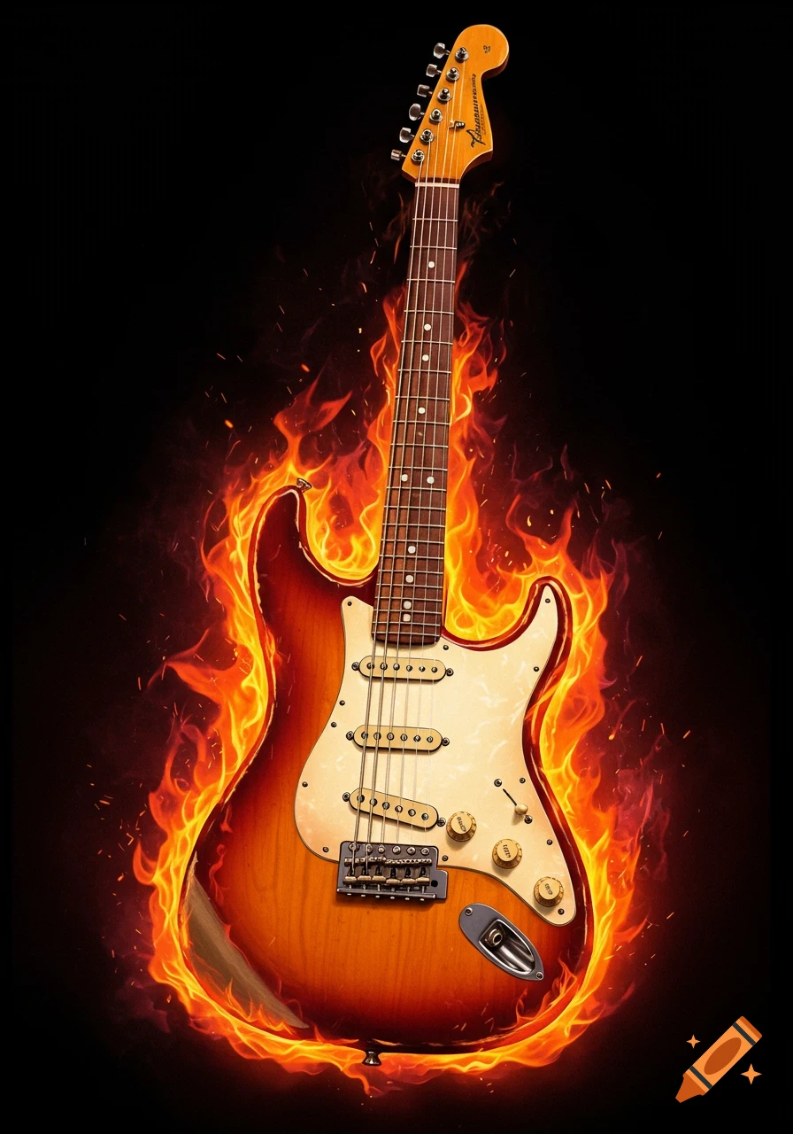 A guitar engulfed in flames against a black background.