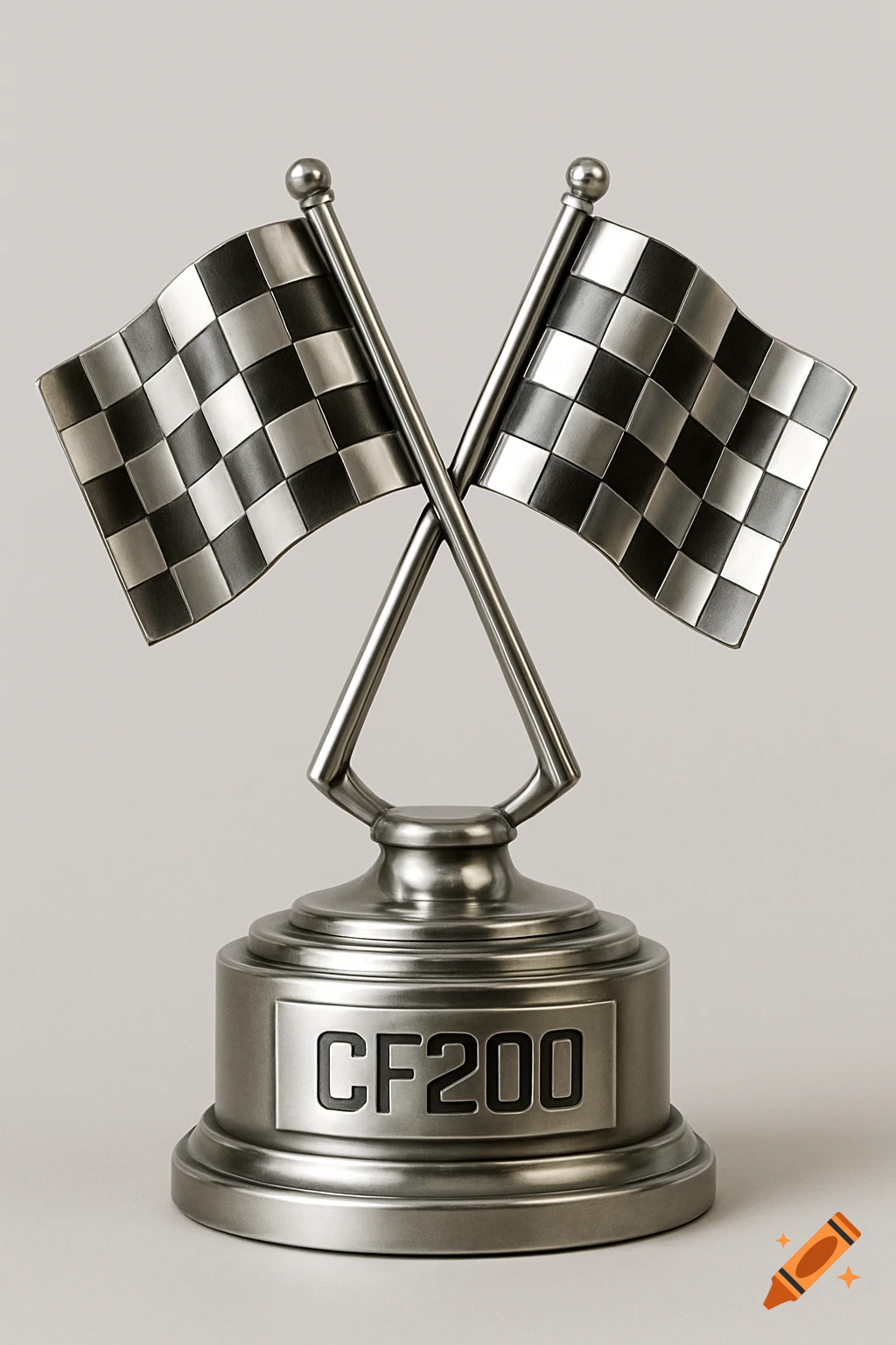 A photorealistic image of a trophy with crossed checkered flags and a CF200 plaque.