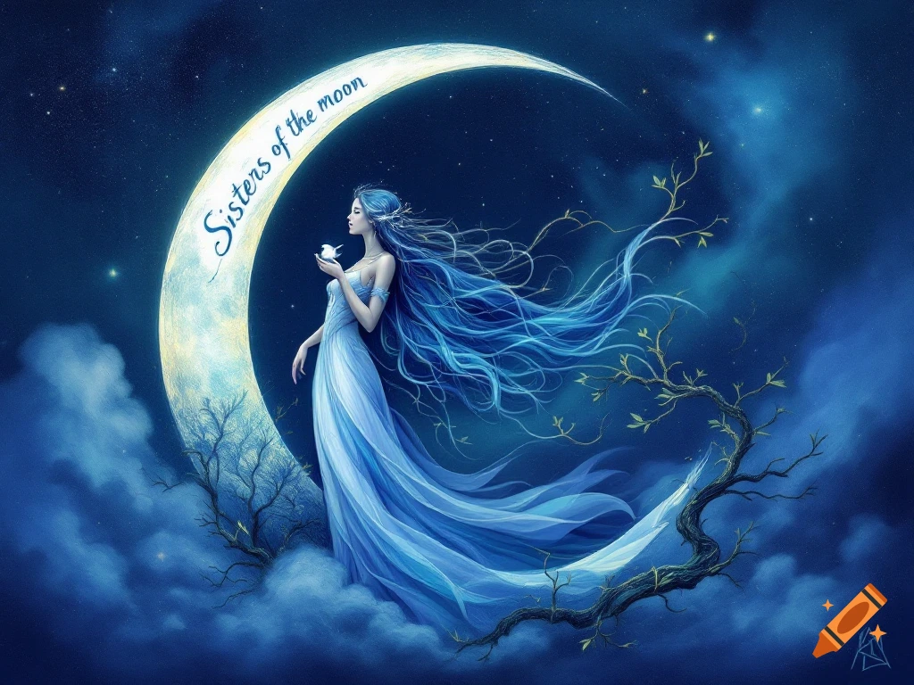 Fantasy illustration of a goddess with flowing blue hair sitting on a crescent moon in a starry night sky, holding a small bird.