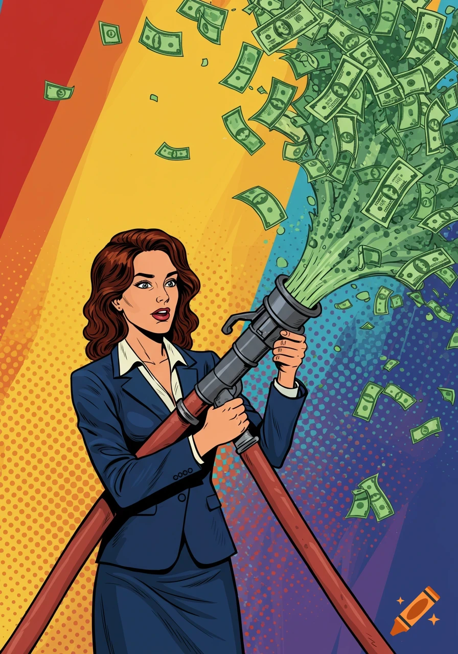 Pop art illustration of a businesswoman spraying money from a fire hose.