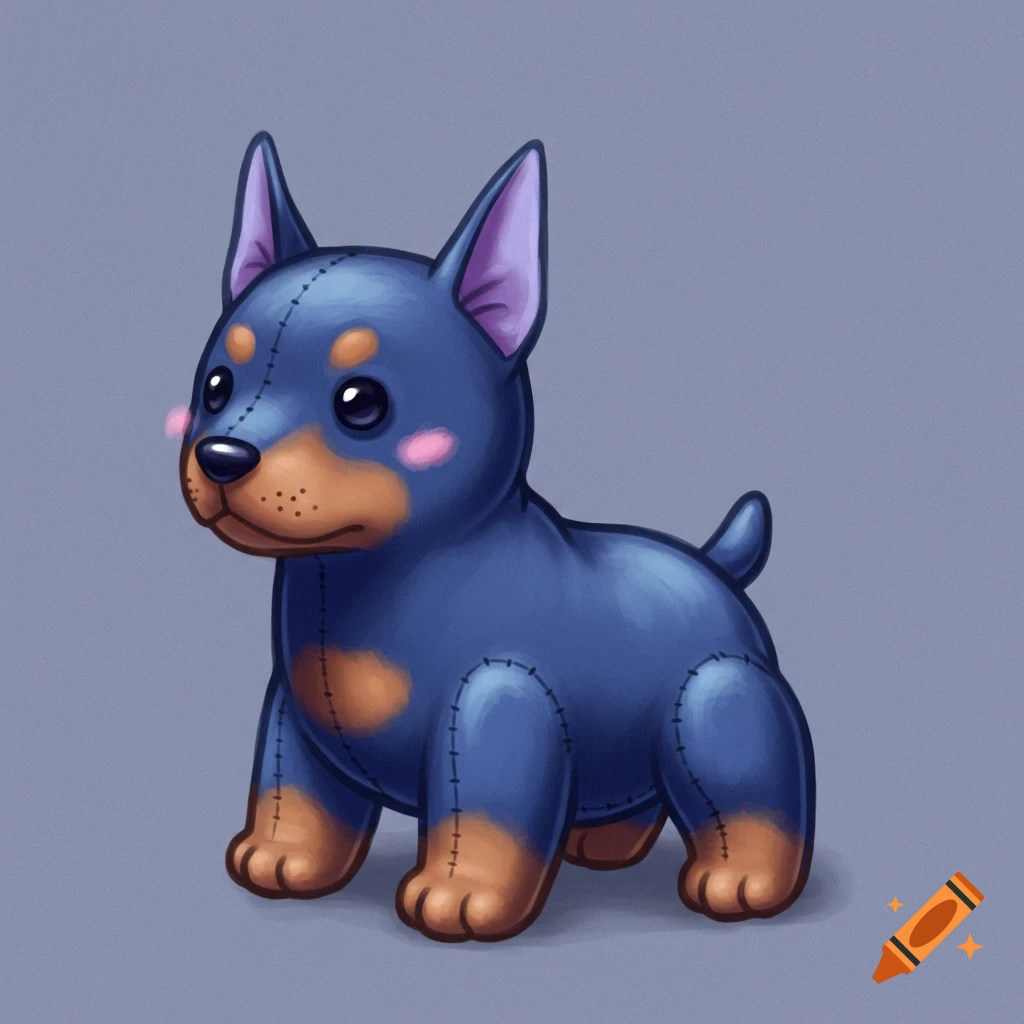 Cute cartoon plush Doberman dog toy with blue and brown fur, stitched seams, cropped ears, and a nub tail.